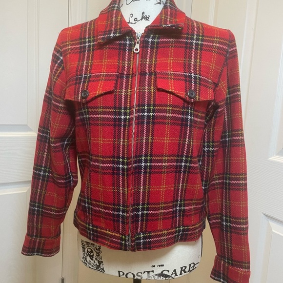 Vintage 90’s Express Trucker Jacket Plaid Wool blend XS Zipped Pockets Aesthetic - Picture 2 of 13